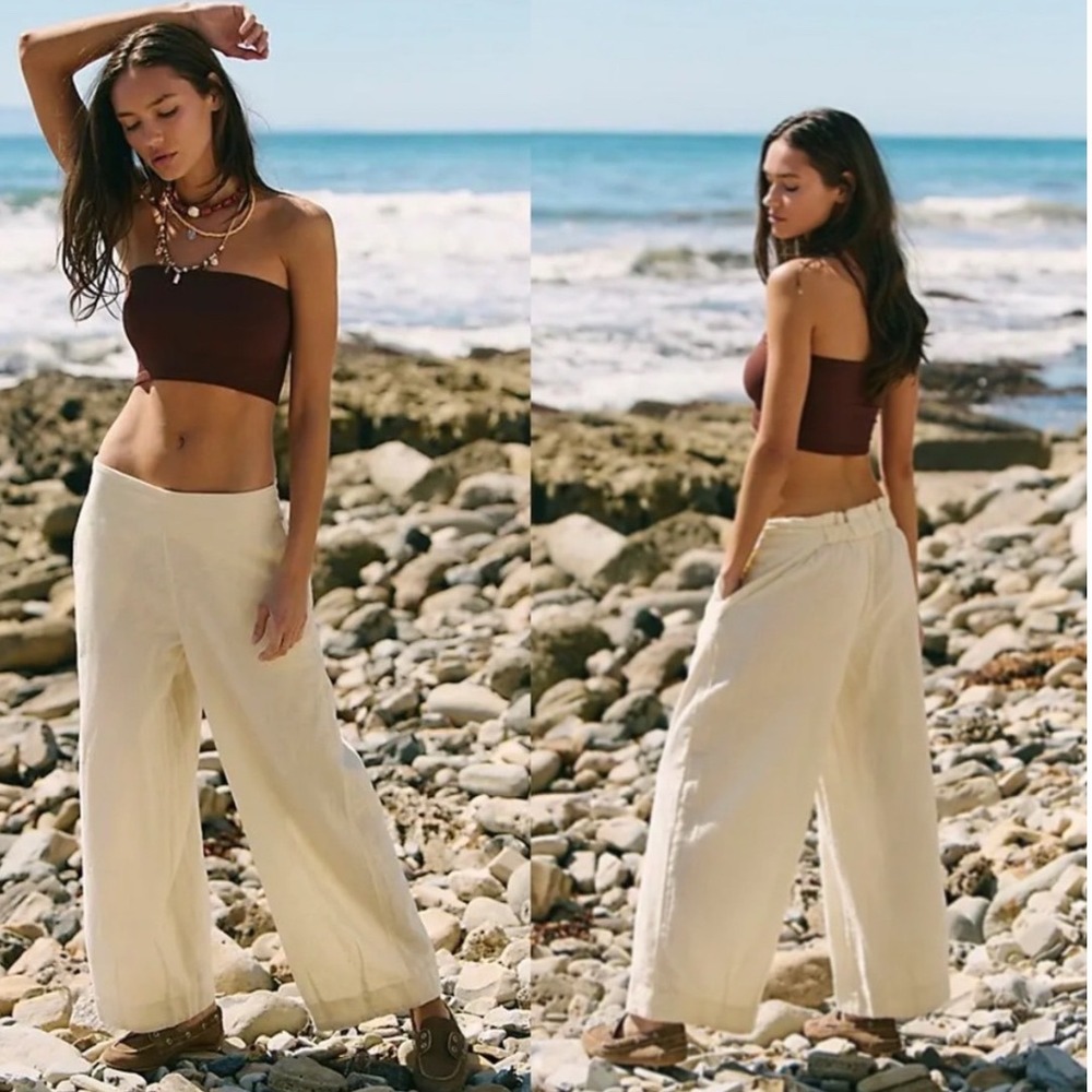 Free People Free-est Demi Wide Leg Linen Blend Pants Tea Cookie Beige Small